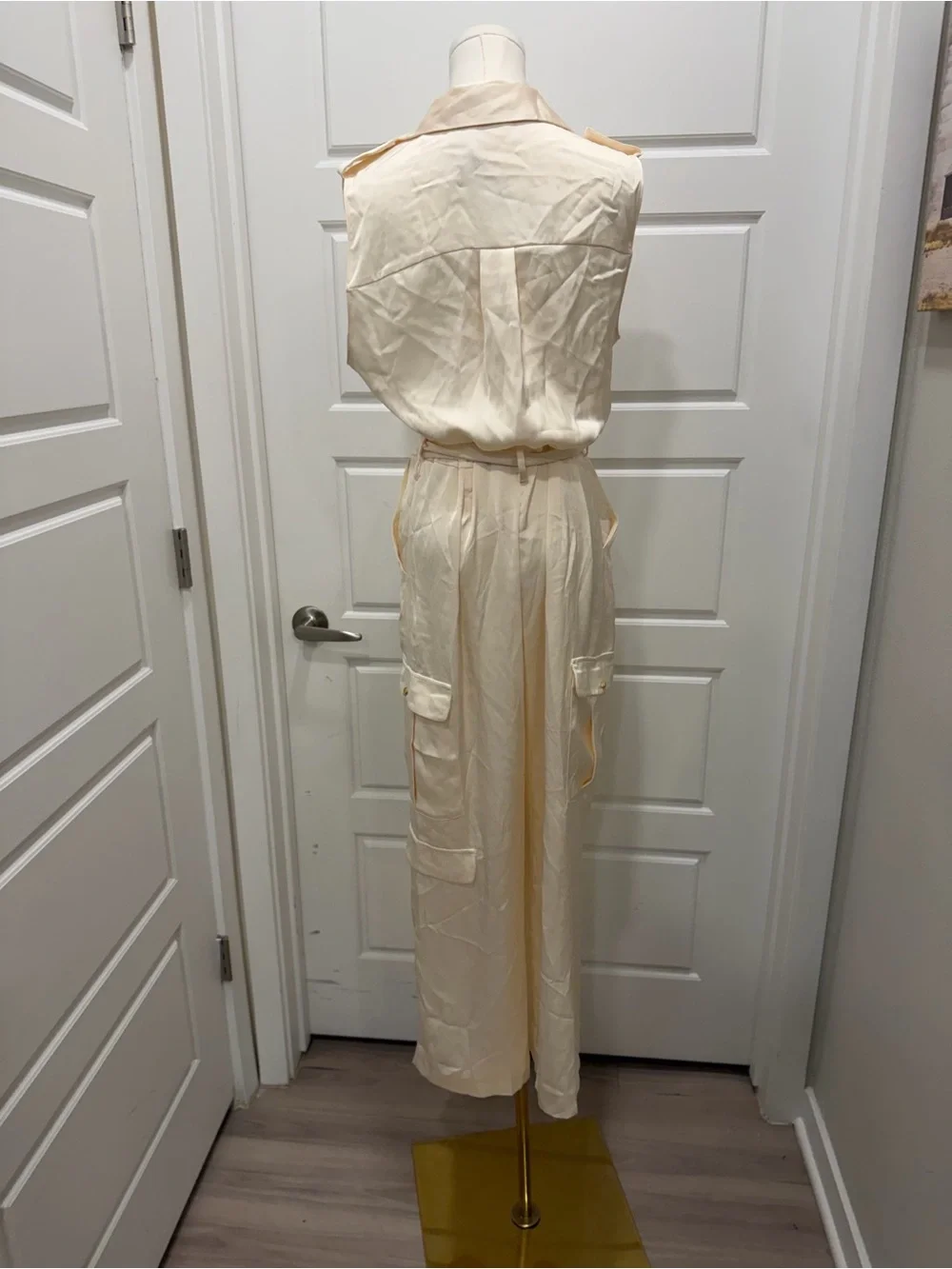 Zara Sleeveless Satin Cream Utility Jumpsuit with Belt NWT - Picture 4 of 9